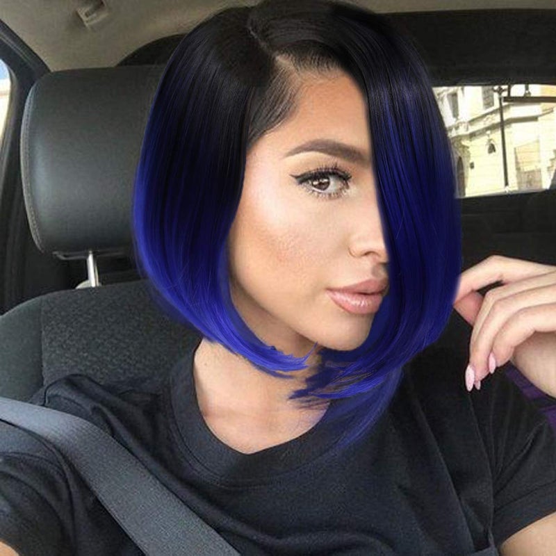 quickwig Quick Wig Short Bob Wig Ombre Wig Black to Blue Side Part Cosplay Party Wig 14 inches Bowl Cut Wig Heat Resistant Fiber Synthetic Wigs for Women Sapphire Blue - Image 1